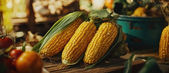 Poster - Freshly harvested yellow corn cobs with green husks placed on a rustic wooden table detailed with vibrant colors and a warm kitchen atmosphere