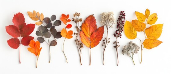 Poster - Colorful autumn leaves in shades of red, orange, yellow, and brown arranged in a row on a white background creating a fall-inspired composition