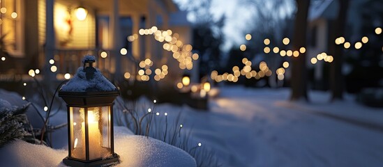 Poster - Winter evening scene with a glowing lantern in the foreground on snow, soft bokeh lights in the background creating a magical atmosphere.