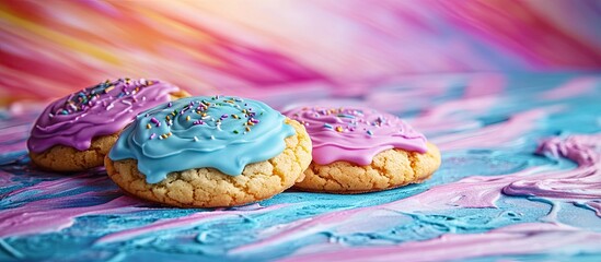 Poster - Iced cookies with blue and purple frosting arranged on a colorful swirled backdrop of pink and blue, showcasing their delightful appearance.