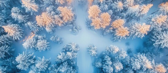 Aufkleber - Aerial view of a serene winter landscape featuring snowy trees with frosty tips in soft shades of blue and white, evoking a tranquil atmosphere.