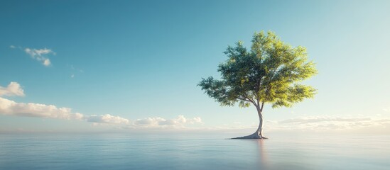 Poster - Serene solitary tree with lush green leaves in the center of a tranquil field under a clear blue sky with gentle clouds and soft sunlight.
