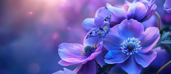 Poster - Vibrant macro shot of delicate purple blue butterfly resting on lush anemone flowers with soft bokeh background and hints of spring light.
