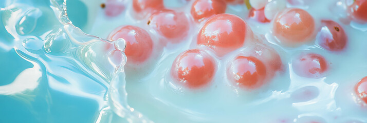Poster - Cashew milk with gooseberry berries creating ripples in a vibrant backdrop
