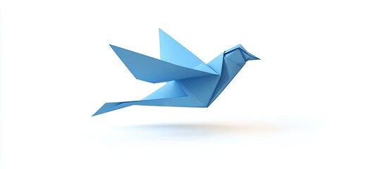 Poster - Blue origami dove in flight positioned slightly right against a clean white background highlighting its sleek folded design and vibrant color.