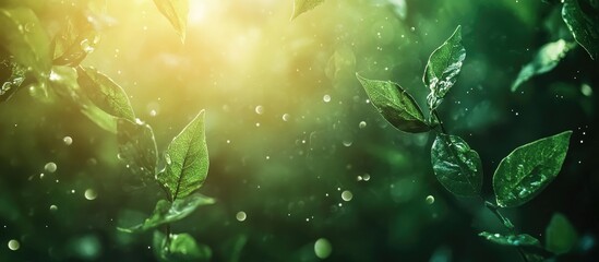 Aufkleber - Abstract blurred nature background with vibrant green bokeh and soft light flares, featuring fresh green leaves floating gracefully in a serene setting.