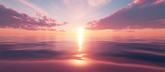 Poster - Serene sunset over calm waters with soft pink and orange hues blending into a peaceful horizon reflecting on gentle waves.