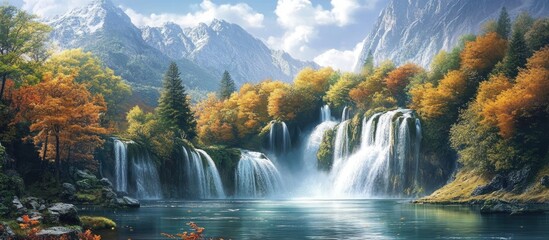 Poster - Majestic autumn waterfall cascading into serene blue river surrounded by vibrant orange and yellow foliage with mountains in the background.