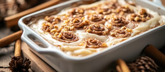 Poster - Cinnamon rolls with creamy frosting in a white baking dish on a rustic wooden table adorned with cinnamon sticks and pine cones, warm tones