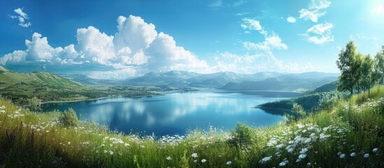 Aufkleber - Panoramic view of a serene mountain lake surrounded by lush green hills and vibrant wildflowers under a bright blue sky with fluffy clouds.