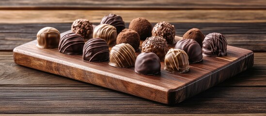 Poster - Delicious assorted chocolates in various shapes and coatings arranged on a wooden cutting board against a rustic wooden background.