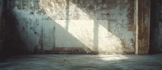 Leinwandbilder - Abandoned interior space with cracked walls and sunlight streaming in through a window casting elongated shadows on the concrete floor.