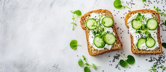 Poster - Freshly made open-faced sandwiches on whole grain bread, topped with cream cheese, sliced cucumber, and microgreens, arranged on a light table.