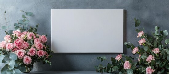 Fototapete - Blank canvas mockup on grey wall with pink roses and eucalyptus leaves arranged on both sides creating a serene interior decor setting