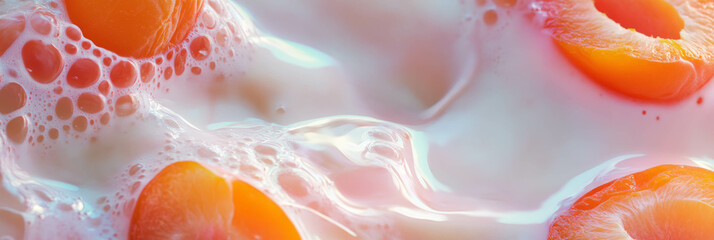 Poster - Coconut milk and apricot halves creating gentle ripples for a calming background design