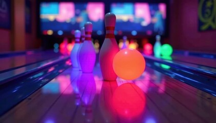 Wall Mural - Glowing bowling pins, colorful spheres on illuminated lanes , bowling, art, leisure