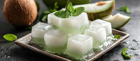 Poster - Refreshing coconut water ice cubes arranged on a plate with mint leaves and melon pieces, featuring green and white hues on a dark background.