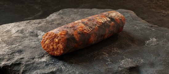 Poster - Rustic chorizo sausage on a dark stone surface with earthy tones of red and orange showcasing a textured appearance and natural shadows.
