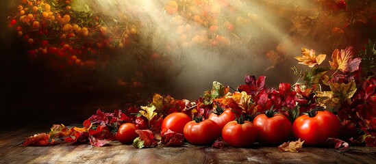 Poster - Vibrant autumn scene highlighting ripe red tomatoes surrounded by colorful autumn leaves and soft lighting creating a warm, seasonal atmosphere.