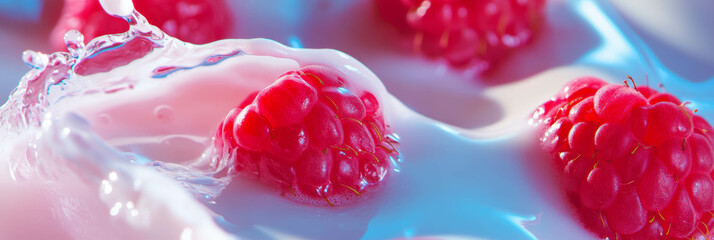 Poster - Coconut milk and raspberries creating splash ripples in a bright, refreshing scene