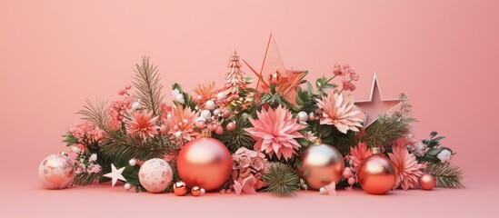 Poster - Elegant Christmas floral arrangement with pink backdrop showcasing ornaments and paper stars in soft coral and gold tones, ideal for festive displays.