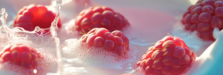 Aufkleber - Raspberry halves make splash in creamy coconut milk with white foam