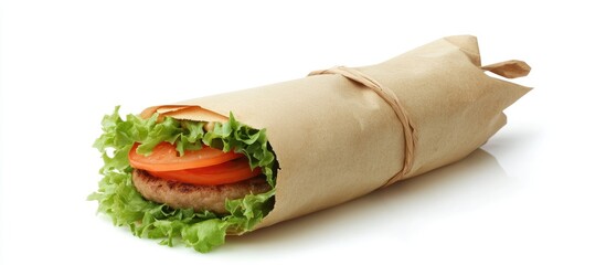 Aufkleber - Fresh burger wrapped in natural craft paper featuring layers of green lettuce and tomato against a clean white background for a vibrant food display.