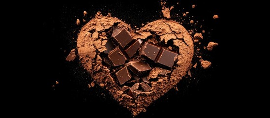Poster - Broken chocolate bar pieces arranged in a heart shape on a black background with cocoa powder creating a textured heart outline.
