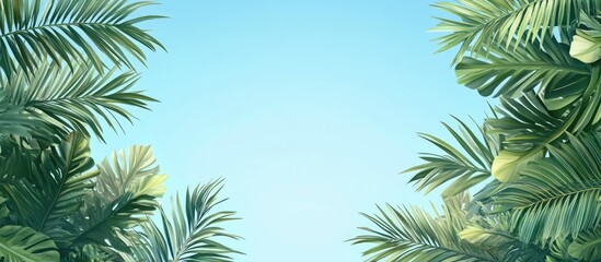 Poster - Lush green coconut palm branches frame a clear blue sky in the background creating a serene tropical atmosphere and inviting natural scene.