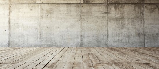 Fototapete - Minimalist room featuring bare concrete walls in light gray, a white ceiling above, and warm wooden flooring creating a modern, simple aesthetic