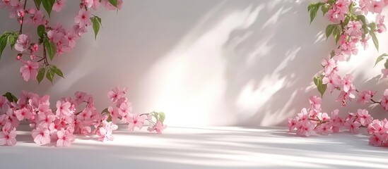 Leinwandbilder - Cherry blossom branches in pink hues framing a soft white background with gentle sunlight casting shadows, creating a serene and peaceful ambiance.