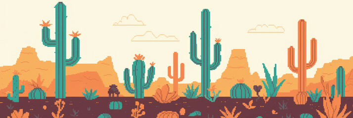 Aufkleber - Colorful desert landscape featuring cute cacti and succulents in vibrant pixel art style