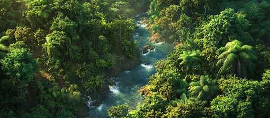 Poster - Tropical landscape from above featuring vibrant green foliage and a tranquil blue river winding through lush forests under soft sunlight.