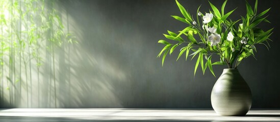 Poster - Bamboo arrangement in a light green vase with vivid green leaves and white flowers positioned on a soft gray surface with subtle shadows.