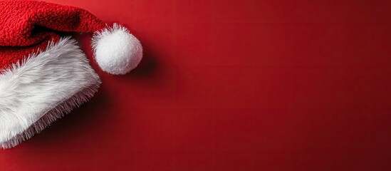 Poster - Santa hat positioned in the upper left against a vibrant red background ideal for winter holiday greeting cards, evokes festive cheer and warmth