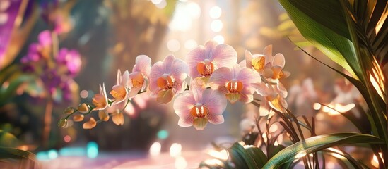 Poster - Delicate pink and white orchids elegantly cascading in soft light, surrounded by lush green foliage in a vibrant floral paradise.