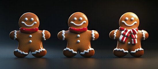 Poster - Three cheerful gingerbread men with red and white scarves on a dark background, showcasing rich brown colors and detailed icing designs.