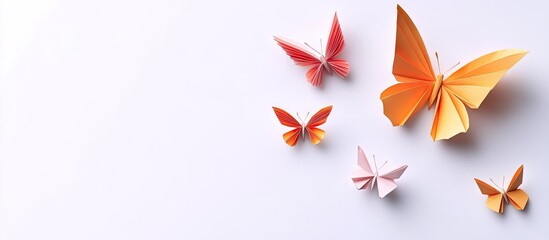 Poster - Colorful origami butterflies in shades of red, orange, pink on a clean white background arranged in a dynamic layout showcasing artistic design.