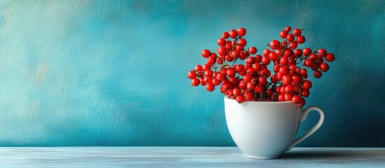 Poster - White cup filled with bright red berries placed on a light blue wooden surface against a soft turquoise background with a minimalist aesthetic.