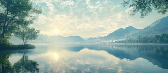 Poster - Serene mountain lake panorama at sunrise featuring soft blue and green colors with reflecting peaks and tranquil water in the foreground.