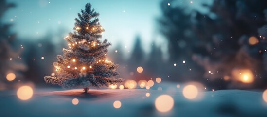 Poster - Christmas tree illuminated with warm lights in soft focus against a snowy background with gentle bokeh effects creating a festive atmosphere