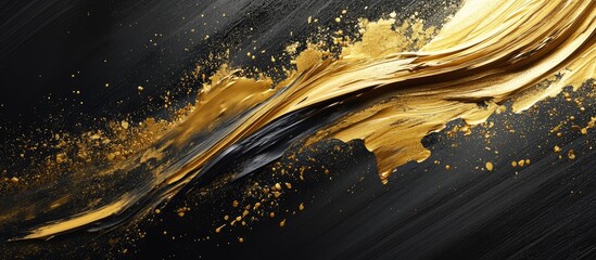 Fototapete - Dynamic abstract background with gold paint splash and expressive black brush strokes on a sleek dark surface creating a striking visual effect.