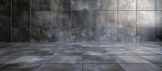 Poster - Gray tile wall with a smooth gray floor creating a seamless industrial aesthetic positioned evenly on the left and right sides of the image.