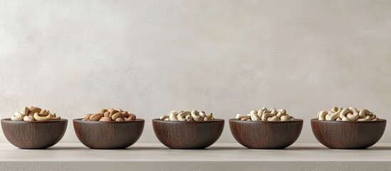 Poster - Cashew nuts in wooden bowls arranged in a row on a light textured background showcasing nuts in varying shades of beige and brown.