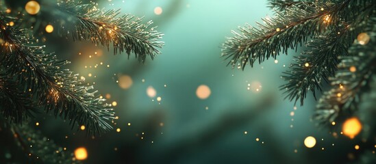 Poster - Christmas tree branches with sparkling lights set against a soft green background, creating a festive and cozy atmosphere.