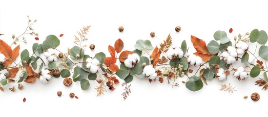 Poster - Eucalyptus branches and cotton flowers create an autumn composition with dried leaves on a white background in a flat lay top view arrangement.