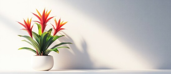 Poster - Vibrant red and orange bromeliad flowers in a white pot positioned to the left against a smooth light grey backdrop creating an eye-catching contrast