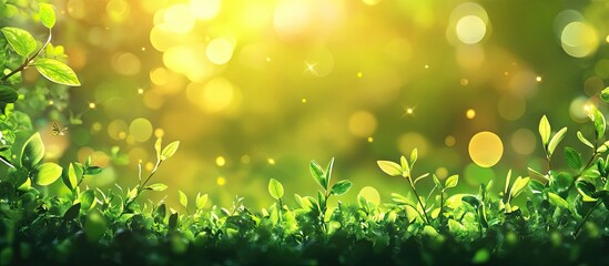 Fototapete - Lush green park garden with soft bokeh lights in warm yellow and green tones, featuring delicate leaves and a blurred nature backdrop.