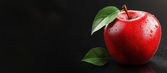 Poster - Fresh red apple with water droplets and green leaves positioned on the right against a smooth black background highlighting its vibrant color.