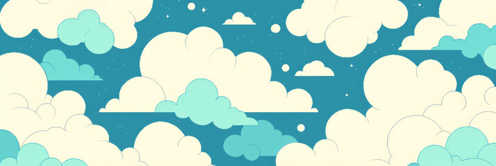 Poster - Cute clouds in animal shapes set against a bright blue sky in pixel art style
